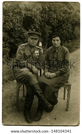 GERMANY - CIRCA 1945: Vintage photo shows Soviet Army oficer with wife, Germany, 1945