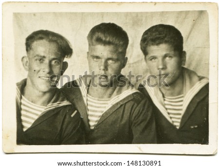 KAMCHATKA, USSR - CIRCA 1947: Vintage photo shows three sailors, Kamchatka, 1947