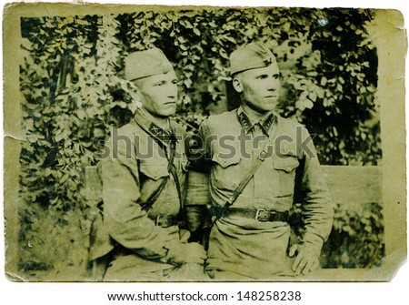 USSR - CIRCA 1930s: Vintage photo shows two officers of Red Army, 1930s