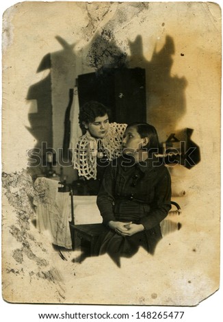 USSR - CIRCA March 6, 1939: Vintage photo shows studio portrait of two women, March 6, 1939