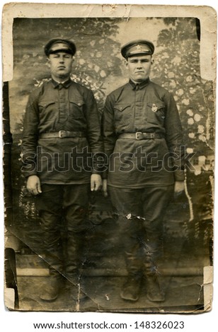 USSR - CIRCA 1930s: Vintage photo shows studio portrait of two  Red Commanders, 1930s