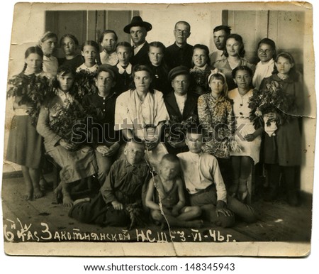 USSR - CIRCA June 3, 1946: Vintage photo shows group of people - families of workers from mine Zakotnianska, June 3, 1946