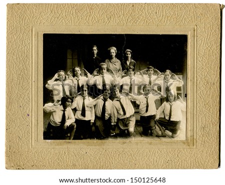 USSR - CIRCA 1932: Antique photo shows students of school for young workers, Pervomaysk, Lugansk Region, Ukraine, 1932