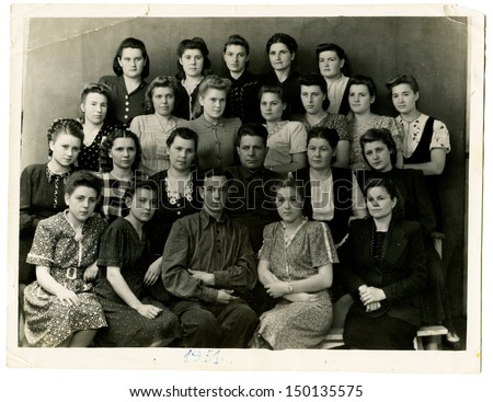 USSR - CIRCA 1951: Antique photo shows workers of Voroshilivgrad Factory \