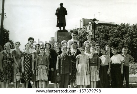 MOSKOW - CIRCA 1958:tourist group from Luhansk against the background of the monument to the writer Nikolai Gogol, Moscow, 1958