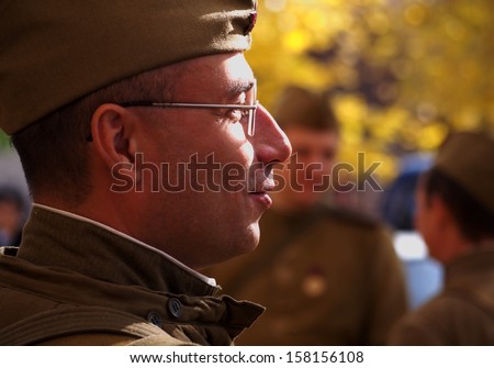 LUGANSK - Oct 13: Re-enactor in uniform of Red Army during the Second World War. Cossack Historical Club 