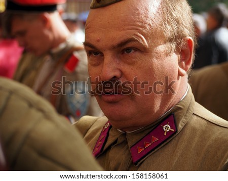 LUGANSK - Oct 13: Re-enactor  in uniform Junior platoon commander of the Red Army 1935 - 1940. Cossack Historical Club 
