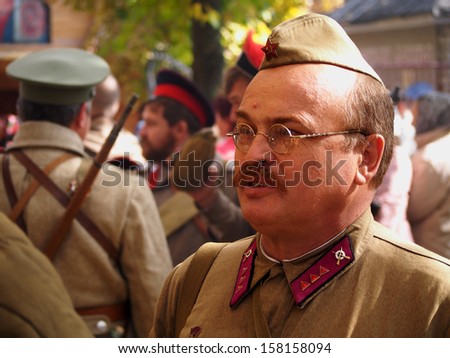 LUGANSK - Oct 13: Re-enactor  in uniform Junior platoon commander of the Red Army 1935 - 1940. Cossack Historical Club \