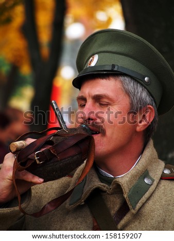 LUGANSK - Oct 13: cossac in the uniform of period of World War First . Cossack Historical Club \