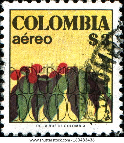 COLOMBIA - CIRCA 1977: A stamp printed in Colombia shows coffee beans, circa 1977