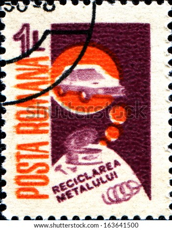 ROMANIA - CIRCA 1986: A stamp printed in  Romania depict Save Waste Materials, shows Tin Can and Motor Car (Re-cycle metals), circa 1986