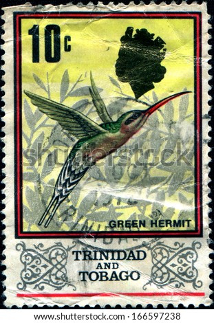 TRINIDAD AND TOBAGO - CIRCA 1969: A stamp printed in Trinidad and Tobago shows green hermit, circa 1969.