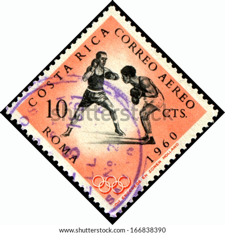 COSTA RICA - CIRCA 1960: A stamp printed in Costa Rica shows Boxers, Summer Olympic Games, Rome 60, circa 1960
