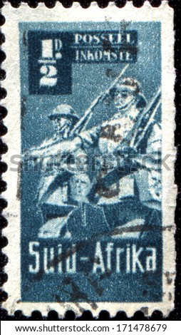 SOUTH AFRICA - CIRCA 1942: A stamp printed in South Africa shows  Infantry Bilingual