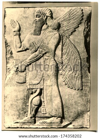 GERMANY, BERLIN -  June 14, 1945: An antique photo shows Palace Reliefs of Assurnasirpal II and Ivory Carvings from Nimrud, Vorderasiatisches Museum
