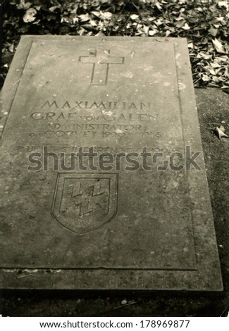 GERMANY - CIRCA 1960s: An antique photo of tomb stone of Maximilian Graf von Galen
