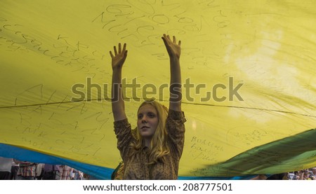 KYIV, UKRAINE - JULY 17, 2014: Near the French embassy in Kiev held a protest demanding an end to military cooperation with Russia.