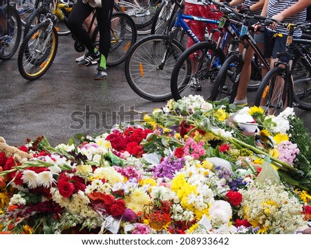 KYIV, UKRAINE - July 19, 2014:  People gathered at the Dutch embassy in Kiev on  July 19, 2014. People gathered to mourn for the victims of Malaysian Airlines flight 17