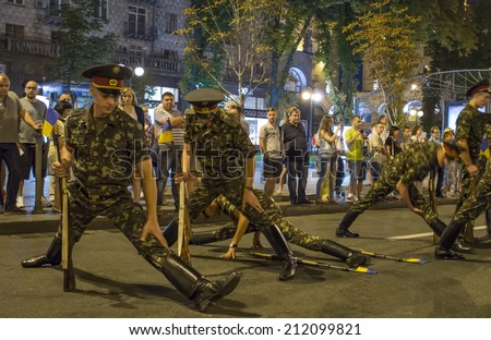 KYIV, UKRAINE - 20 AUG, 2014: In rehearsal parade was attended by cadets of military schools and educational establishments of Ukraine, the units of all types of forces that make up the Armed Forces