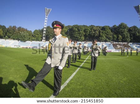 UKRAINE, KYIV - September 6, 2014: Brass Band of the Ministry of Defence. --In a friendly match of pop stars, movies stars, businessmen,and members of the Military Forces of Ukraine