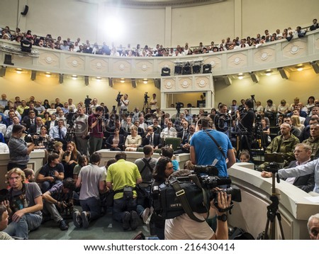 UKRAINE, KYIV - September 10, 2014: Hall of Congress. Prime Minister Yatsenyuk is to head the newly formed political council of the People\'s Front.