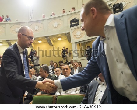 UKRAINE, KYIV - September 10, 2014: Prime Minister Yatsenyuk in the hall of Congress. -- Prime Minister Yatsenyuk headed the newly formed political council of the People\'s Front.
