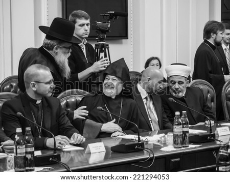 UKRAINE, KYIV - October 3, 2014: Prime Minister of Ukraine Arseniy Yatsenyuk and Chairman of the Verkhovna Rada of Ukraine Oleksandr Turchynov met with members of the All-Ukrainian Council of Churches