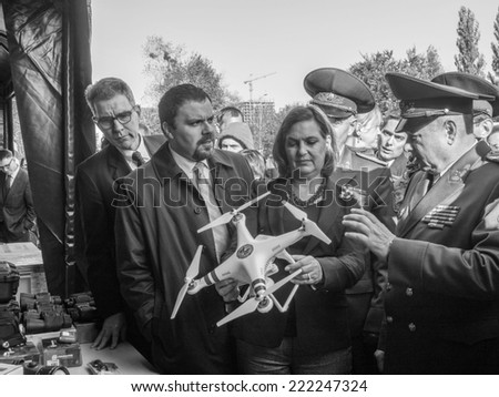 KIEV , UKRAINE - October 8, 2014: Official authorized State Department for European and Eurasian Affairs Victoria Nuland gave Ukrainian border guards vehicles and equipment for arrangement of border