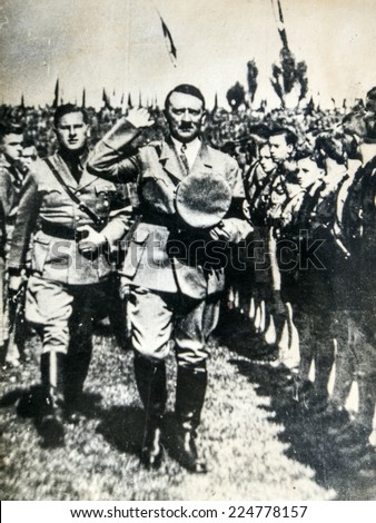 GERMANY - CIRCA 1934: Hitler with Baldur von Schirach, who was the leader of the \'Hitler Youth\' (Hitlerjugend).  Reproduction of antique photo.