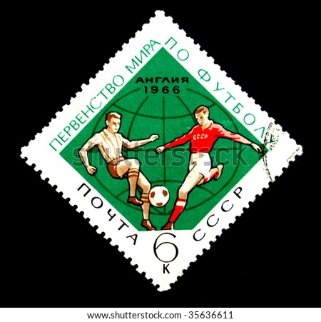 USSR - CIRCA 1966: A stamp printed in the USSR shows football players, devoted Superiority of the world on football in England, one stamp from series, circa 1966.