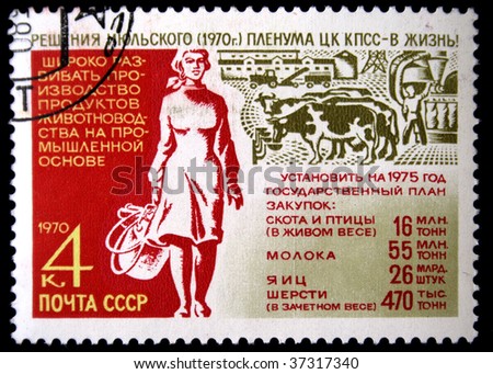 USSR -CIRCA 1970: A stamp printed in the USSR devoted Increase in manufacture of food stuffs, from Soviet propagation series, circa 1970.