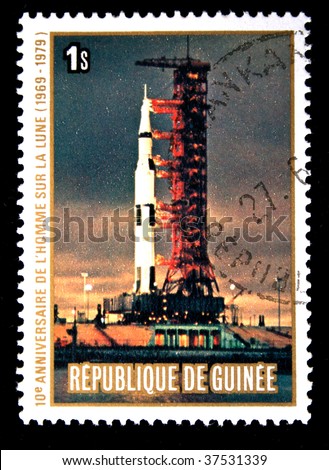 Republic of Guinea - CIRCA 1979: A stamp printed in Republic of Guinea honoring Apollo moon program, shows NASA photo start of Apollo-11, one stamp from series, circa 1979.