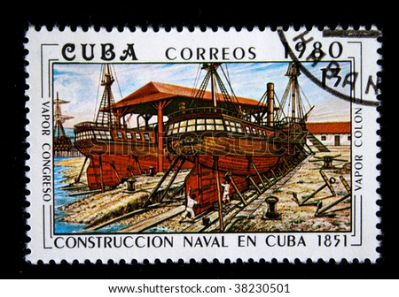 CUBA-CIRCA 1980: A stamp printed in CUBA shows Ship-building shipyard, circa 1980. Series
