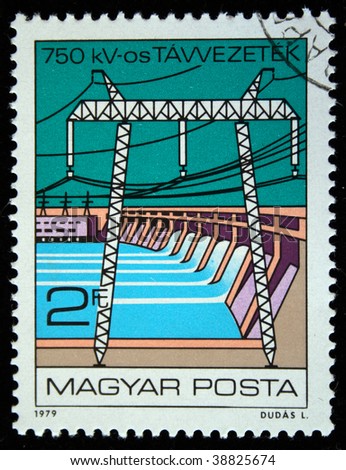 HUNGARY - CIRCA 1979: A stamp printed in the Hungary shows electrical lines and hydro electric power station, circa 1979