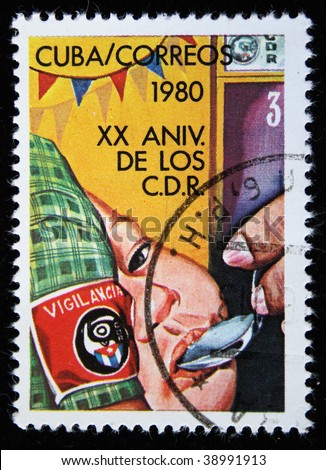 CUBA - CIRCA 1980: A stamp printed in Cuba shows To the child give a medicine for preventive maintenance of illness