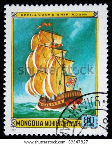 MONGOLIA  - CIRCA 1981: A stamp printed in the Mongolia shows captain James Cook ship, one stamp from series, circa 1981