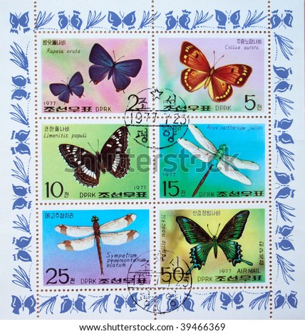 DPR KOREA - CIRCA 1977: A stamp printed by DPR KOREA (North Korea) shows Buterflys and fly dragons, circa 1977.