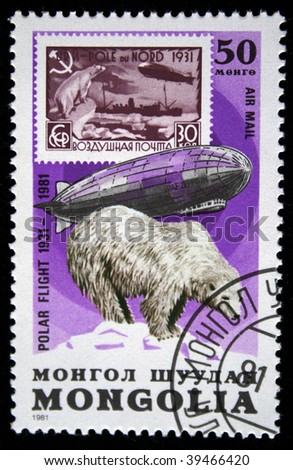 MONGOLIA - CIRCA 1981: A stamp printed in the Mongolia shows an old stamp, zeppelin and White bear, is devoted Polar flight of 1931 year, series, circa 1981