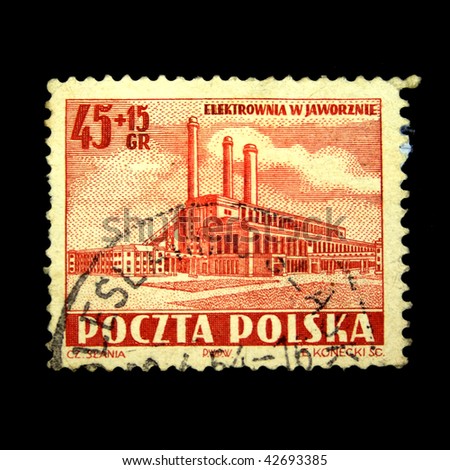 POLAND - CIRCA 1954: A stamp printed in Poland shows Electric power station in Jaworznin, circa 1954