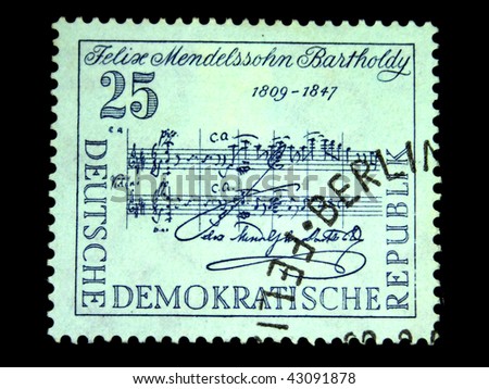 GDR - CIRCA 1950s: A stamp printed in GDR (East Germany) shows musical notation made by Mendelssohn, circa 1950s