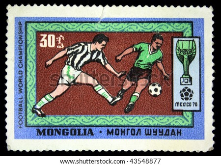 MONGOLIA- CIRCA 1970: A stamp printed in Mongolia shows football players, circa 1970