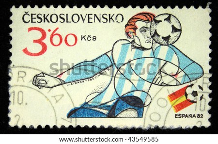 Czechoslovakia - CIRCA 1982: A stamp printed in Czechoslovakia shows image of a football (soccer) player, series, circa 1982