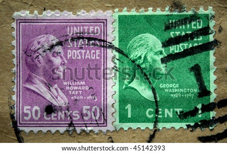 UNITED STATES OF AMERICA - CIRCA 1938: A stamps printed in the USA shows image of Presidents George Washington and William Taft, circa 1938