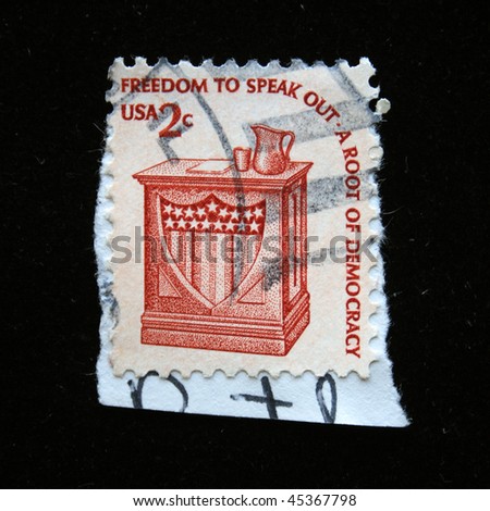 UNITED STATES OF AMERICA - CIRCA 1985: A stamp printed in the USA shows  words freedom to speak - a root of democracy, circa 1985