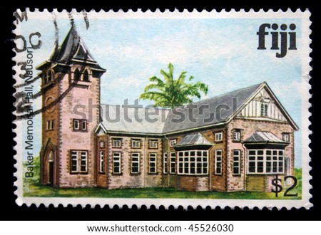 FIJI - CIRCA 1993: A stamp printed in Fiji shows Baker Memorial Hall - Nausorl, circa in 1993
