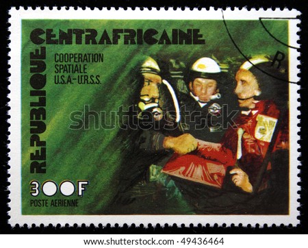 CENTRAL AFRICAN REPUBLIC - CIRCA 1979: A stamp printed in Central African Republic (Central Africa) shows handshake of soviet and american austronauts, series, circa 1979