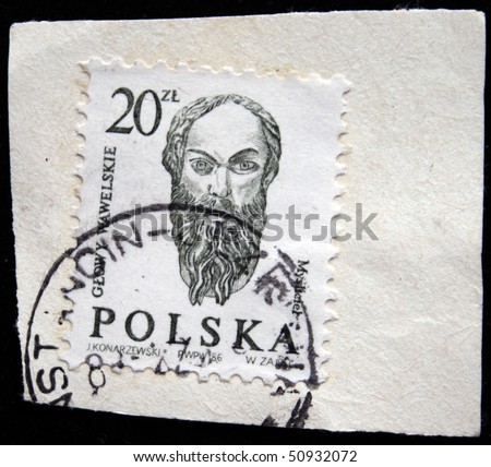 POLAND - CIRCA 1986: A stamp printed in Poland shows  head sculpture The Thinker, circa 1986