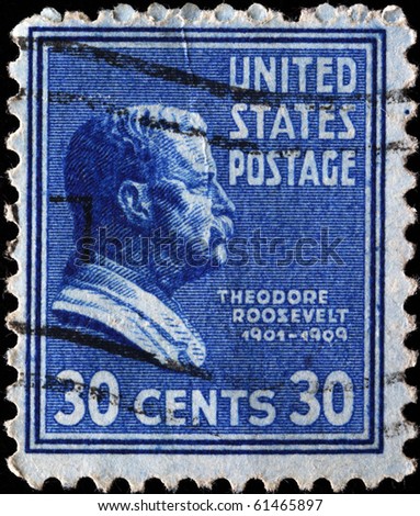 UNITED STATES OF AMERICA - CIRCA 1928: A stamp printed in the USA shows image of President Theodore Roosvelt, circa 1928
