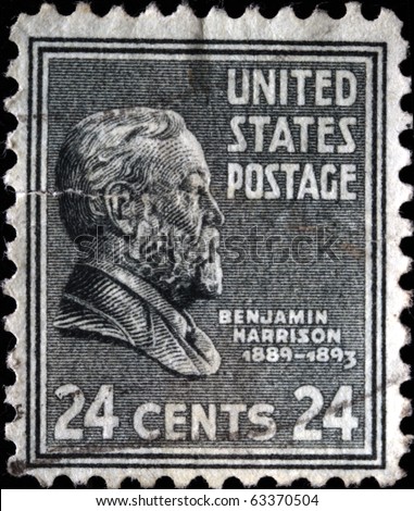 UNITED STATES OF AMERICA - CIRCA 1932: A stamp printed in the USA shows image of President Benjamin Harrison, circa 1932