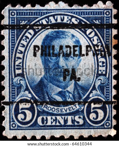 UNITED STATES OF AMERICA - CIRCA 1905: A stamp printed in the USA shows image of President Theodore Roosvelt, circa 1905